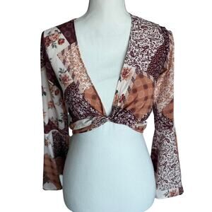 Altar’d State Patchwork Bell Sleeve Tie Top | X-Small